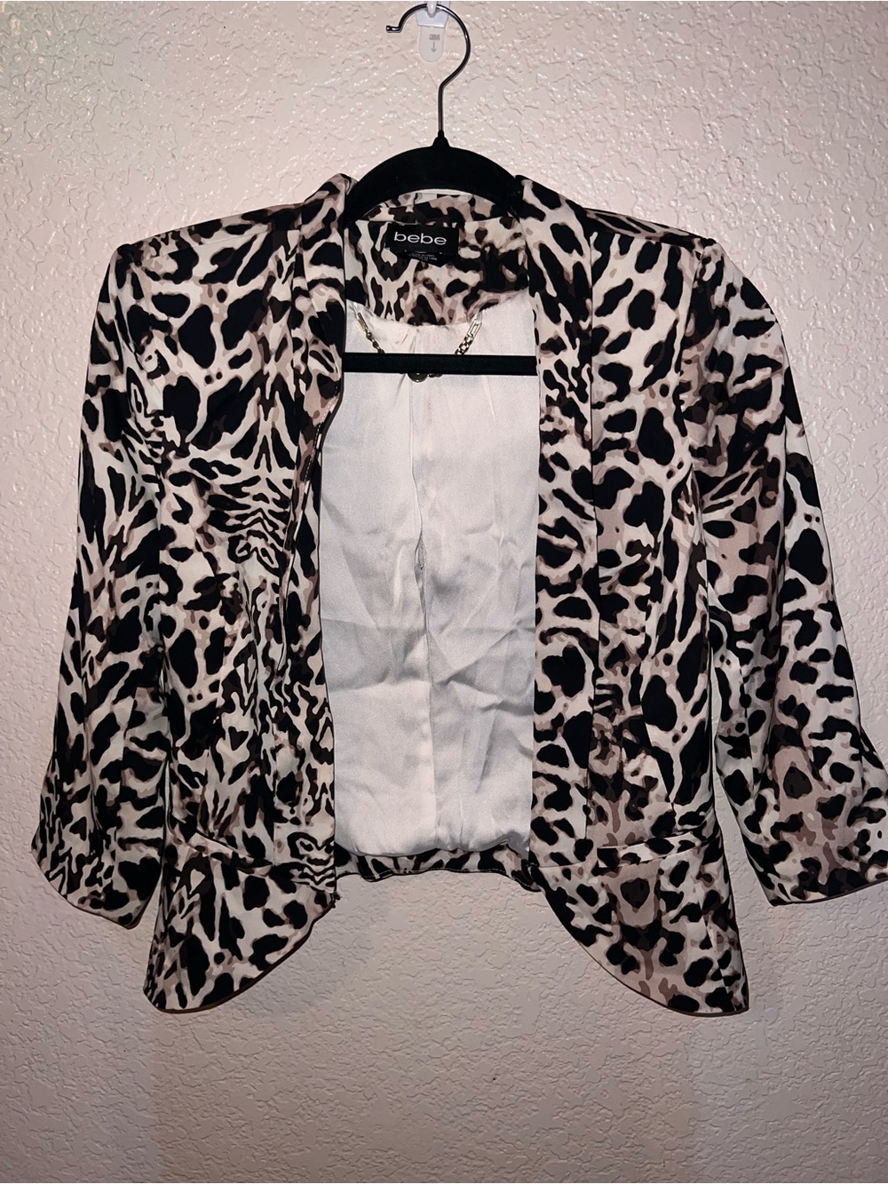 bebe Black and White Animal-Print Open Front Blazer
